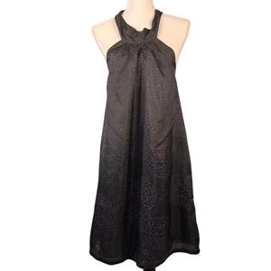 INDUSTRY SP 100% Silk Black Lined‎ Halter Dress Button Back Purple Floral Print